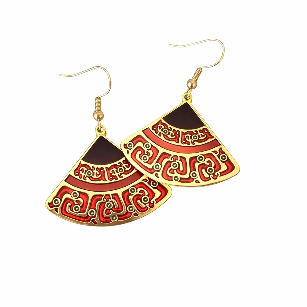 National Palace Museum Fan Earrings Enamel Asian Motif Gold Tone Statement